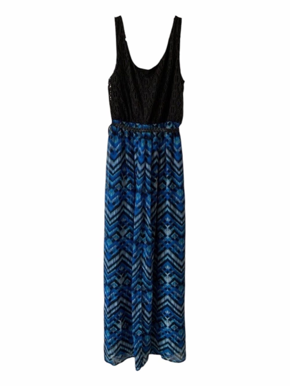 Lily Rose XS Blue Black Aztec Lace Maxi Dress Boho Sleeveless